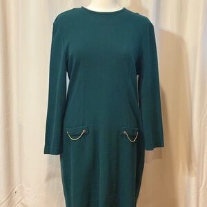 VINTAGE!! 80s-90s Paquette Too! Green Long Sleeve Dress with Chain Accents